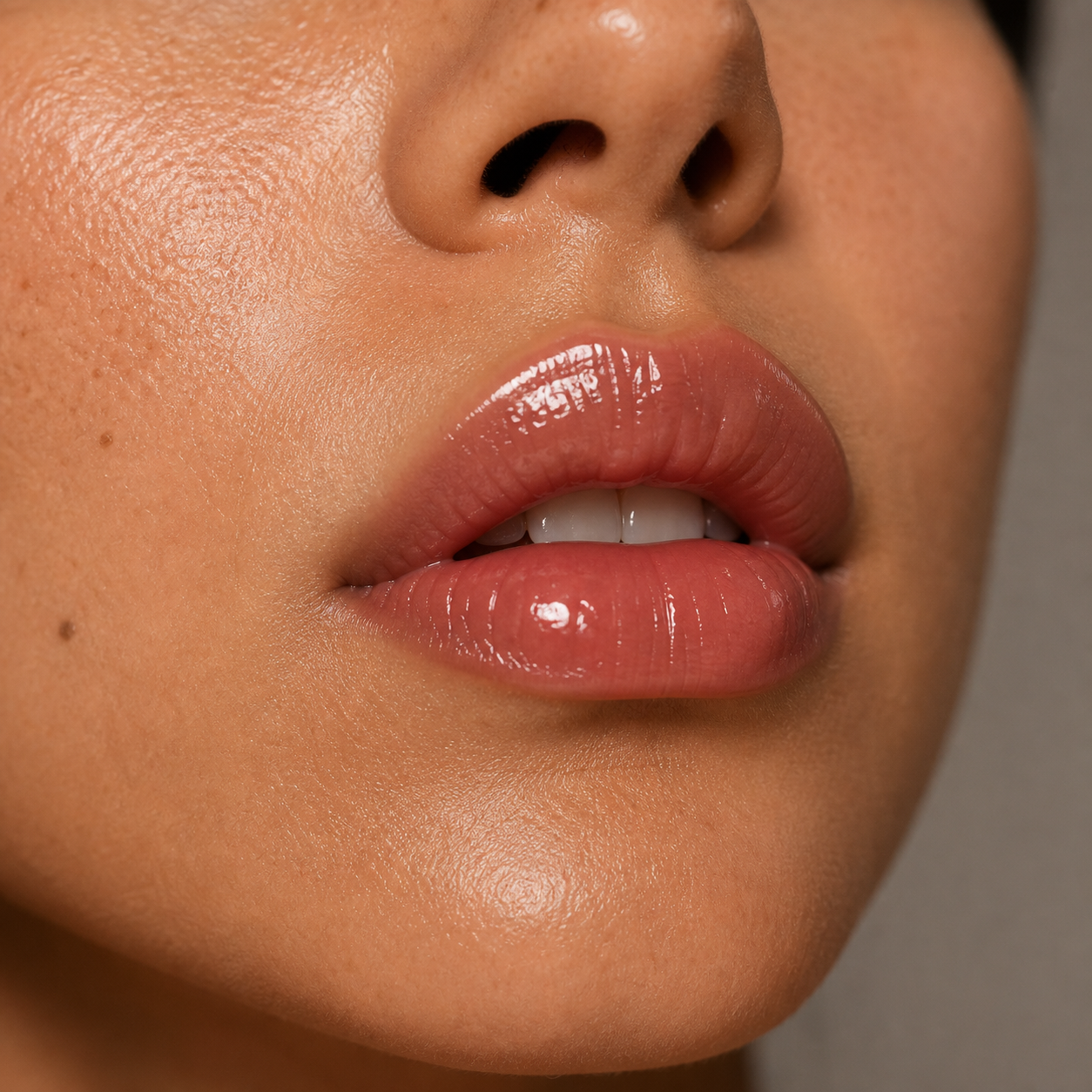 Labios con brillo labial tono 01 Rosy Nude